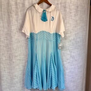 Disney The Dapper Dans Dress Main Street U.S.A. Blue White Retro Crepe Dress